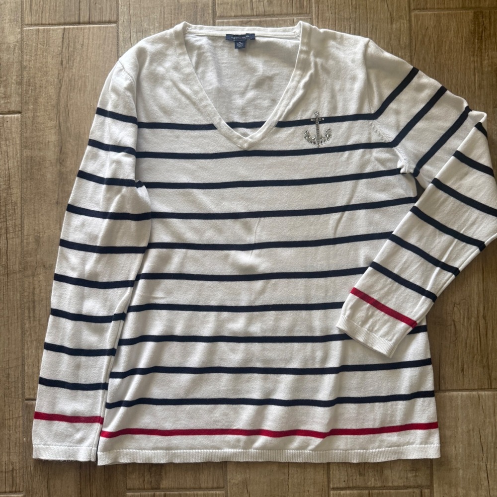 Tommy Hilfiger Womens XL White Striped V-Neck Sweater Rhinestone Anchor Nautical